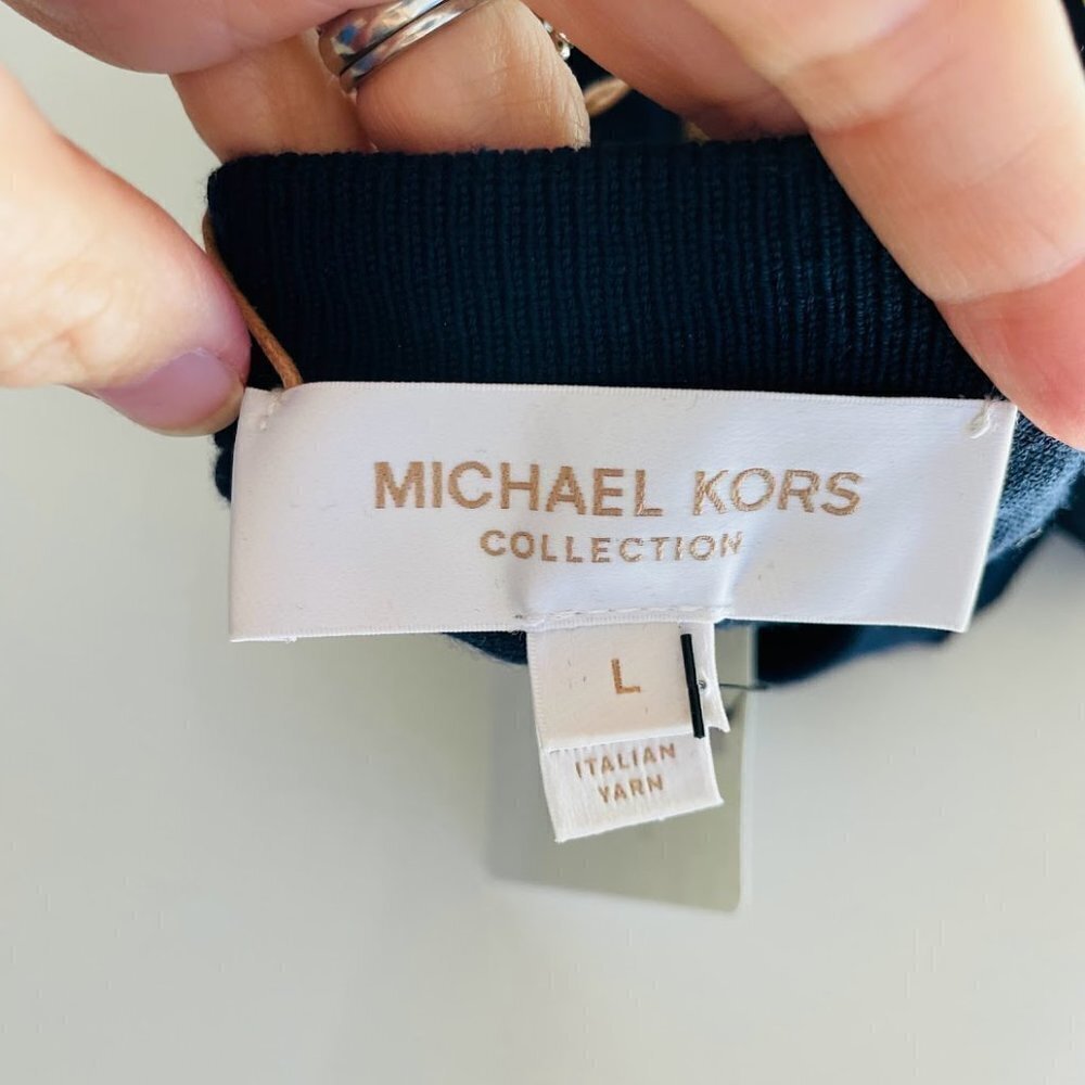 NWT Michael Kors Collection Sweater 100% Merino Wool Midnight Blue Metal Polka L - Picture 6 of 11